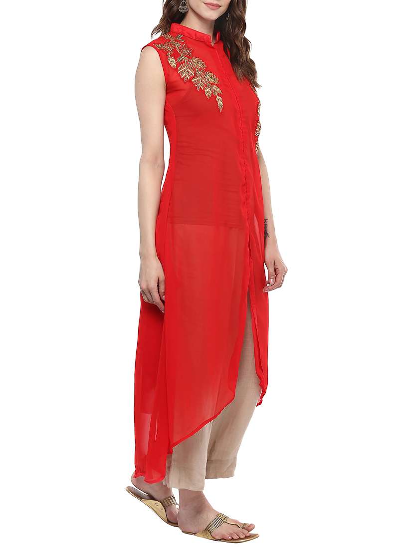 Buy online Red Color Sleeveless Georgette High Low Kurta from