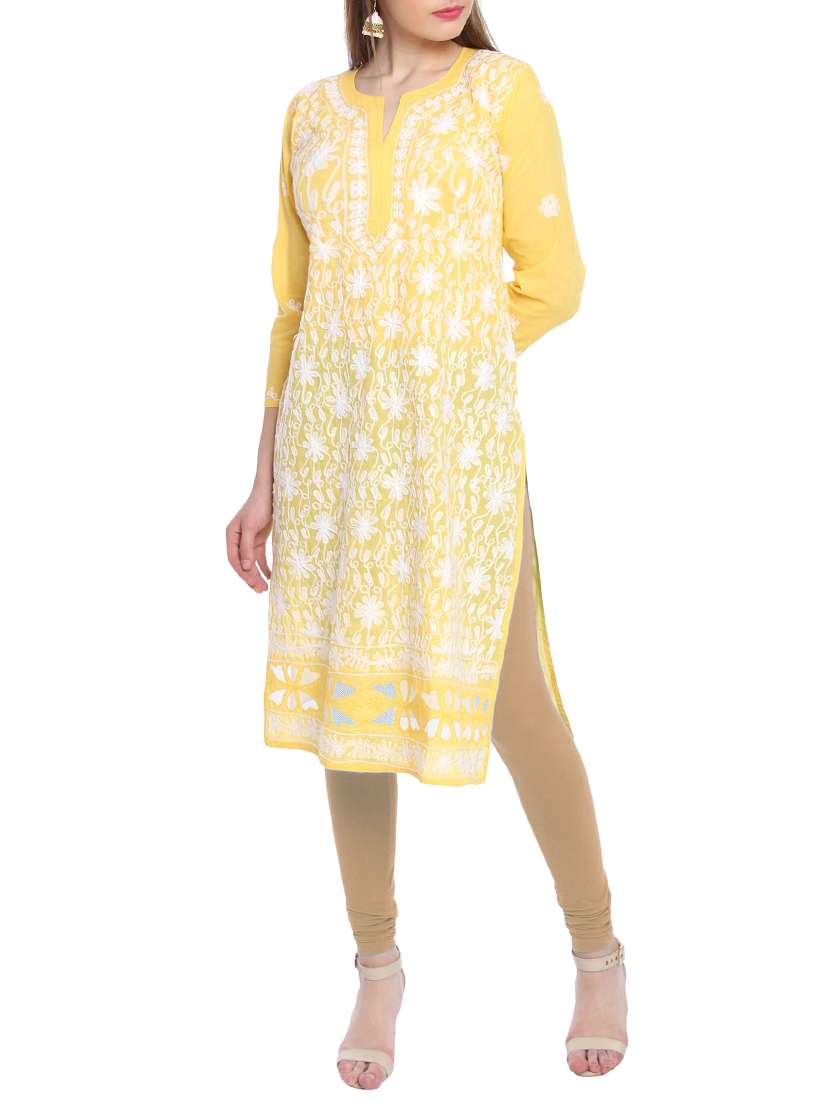 yellow cotton solid kurta