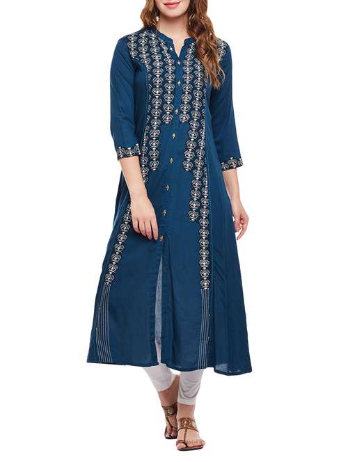 blue viscose aline kurta - 15056051 - Standard Image - 0