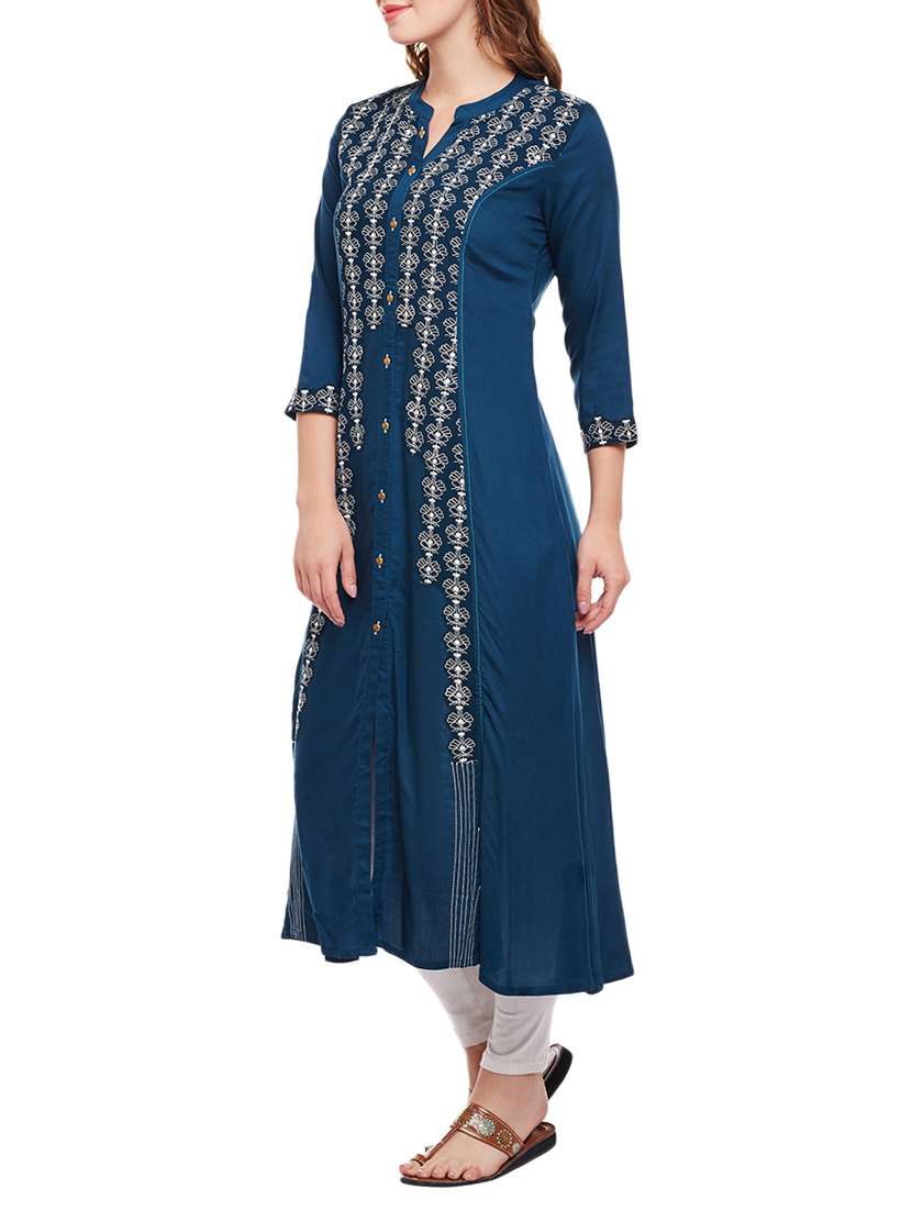 blue viscose aline kurta - 15056051 - Standard Image - 1