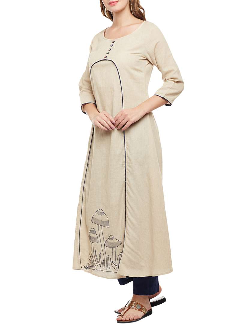 beige cotton solid kurta - 15056068 -  Standard Image - 1