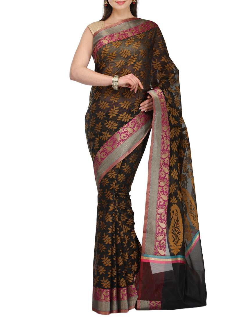black cotton blend woven saree with blouse