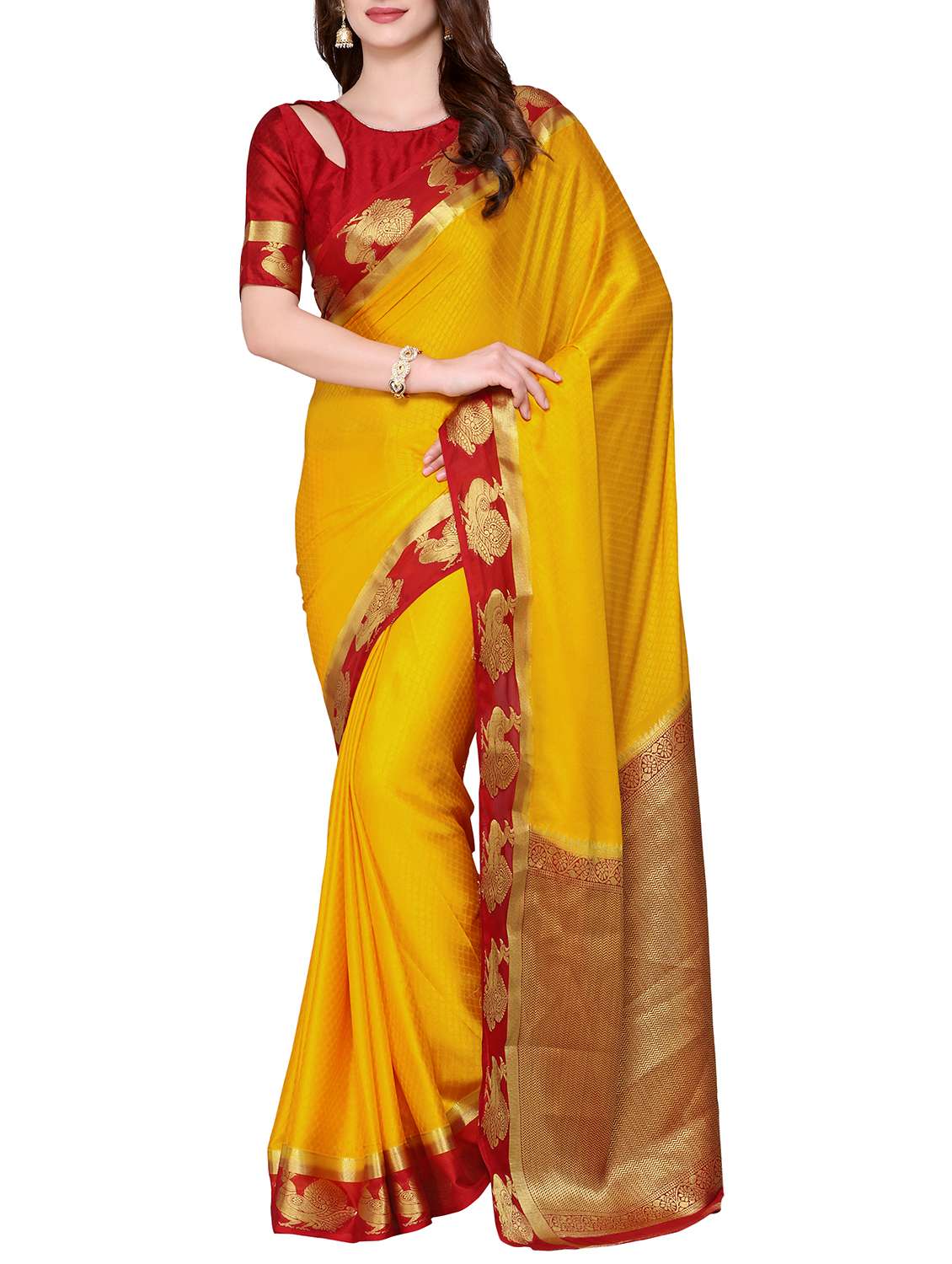 yellow crepe kanjivaram saree