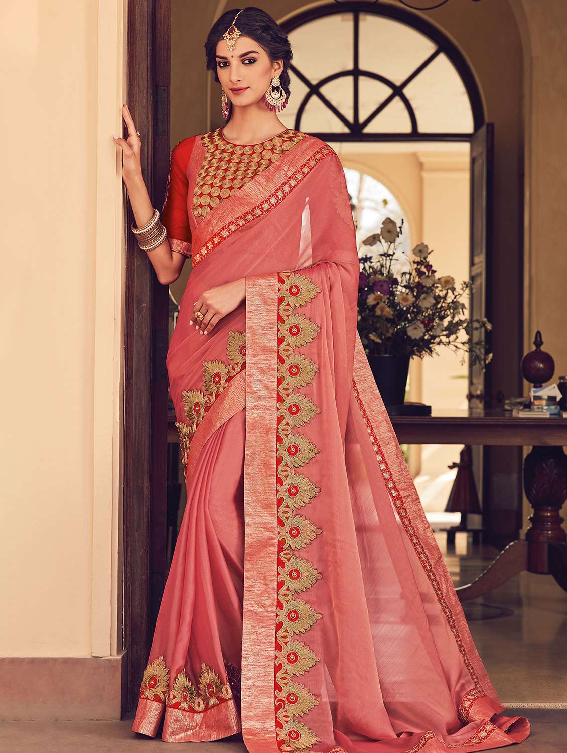 rose red resham embroidery bordered saree with blouse