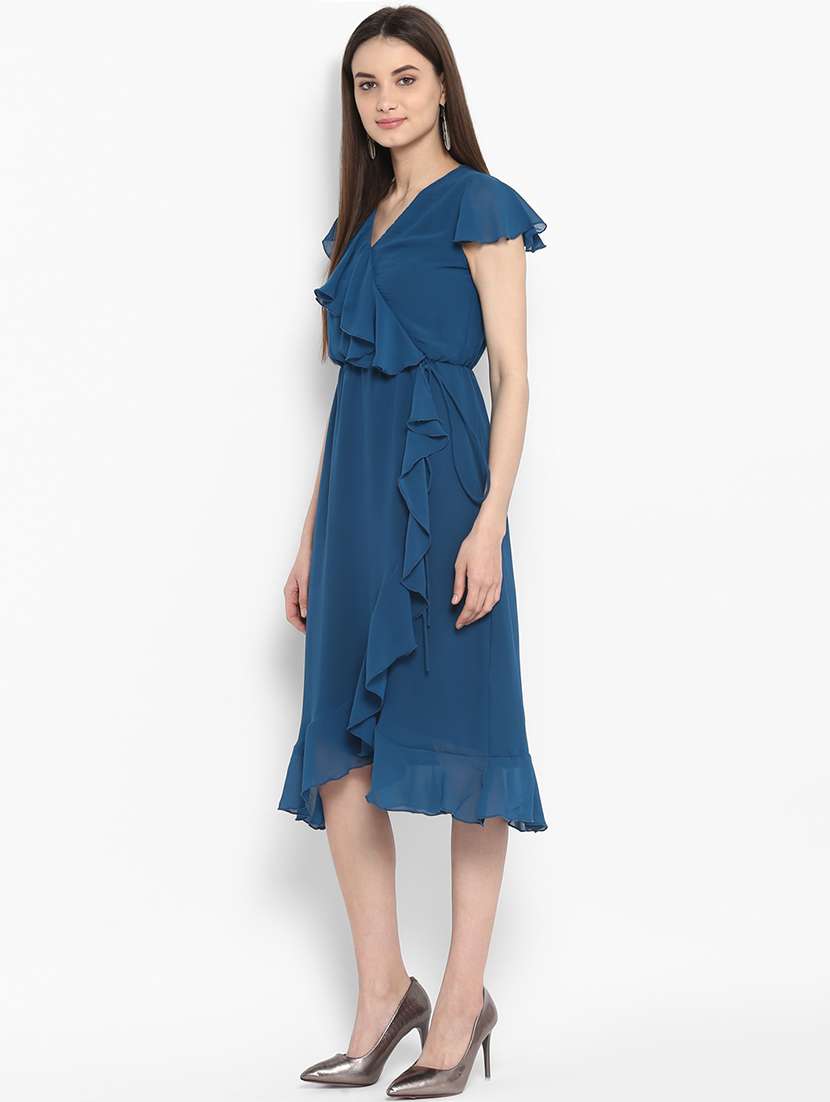 blue solid ruffle dress - 15066886 - Standard Image - 1