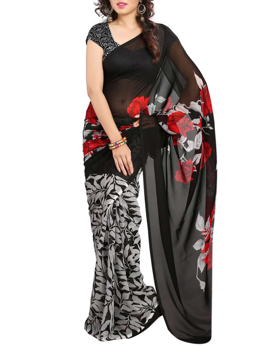 black georgette printed saree with blouse