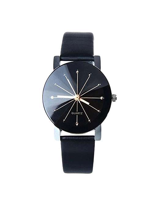 lorenz crystal glass round black dial leather strap watch for girls & women