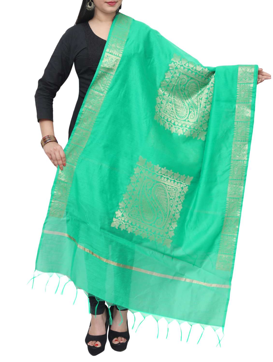 green chanderi dupatta - 15070481 -  Zoom Image - 0