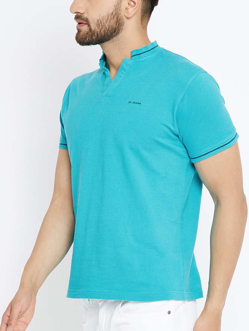 turquoise cotton collared t-shirt - 15070937 - Standard Image - 1