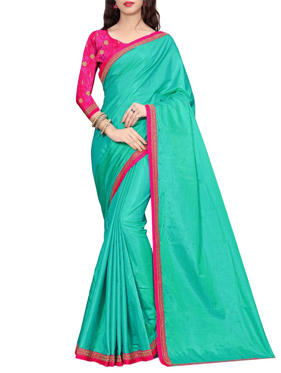 turquoise silk bordered saree with blouse