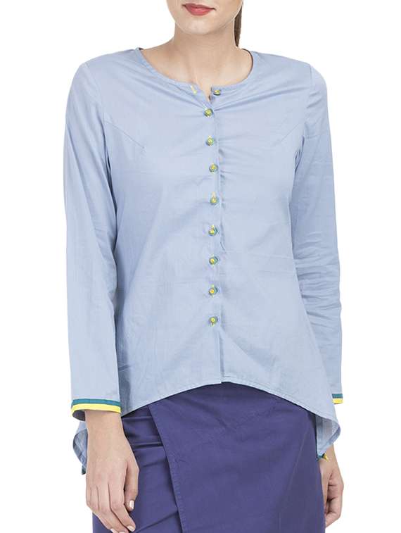 blue solid cotton asymmetric shirt