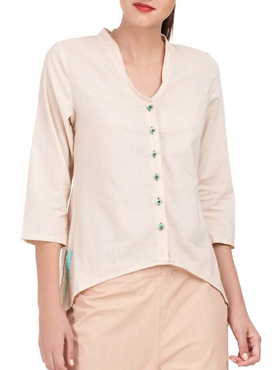 beige solid cotton asymmetric shirt