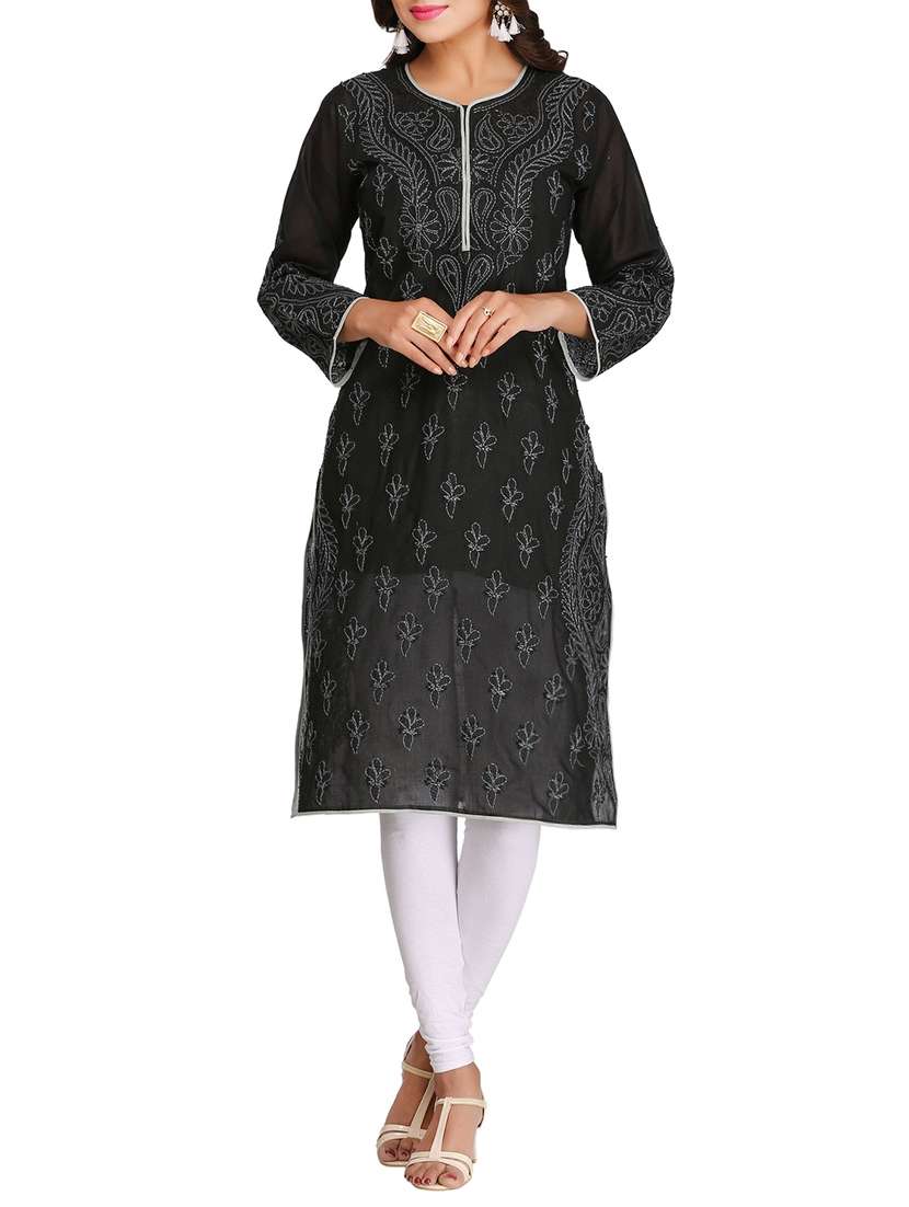 black cotton straight chikankari kurta
