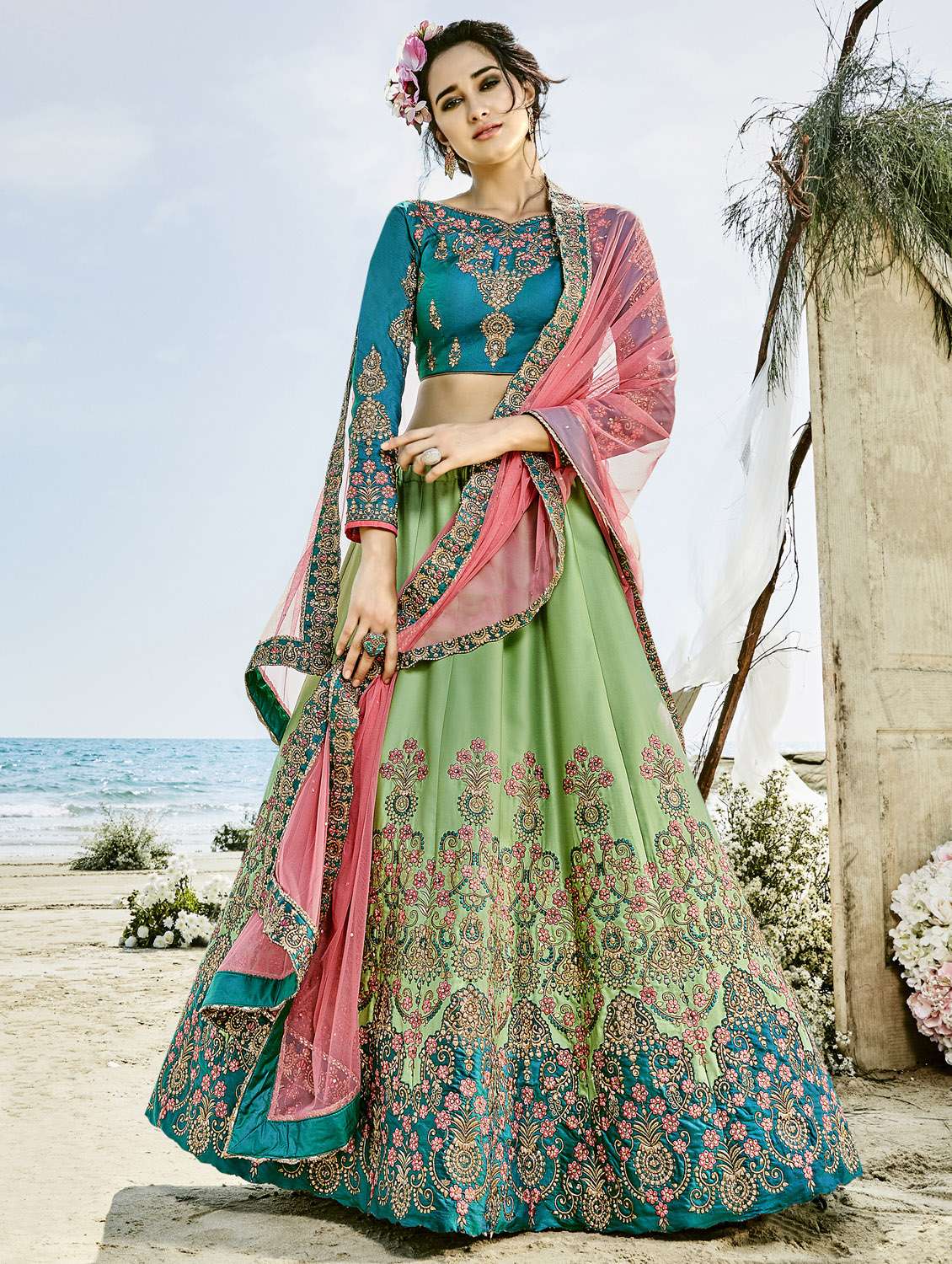 green embroidered flared lehenga