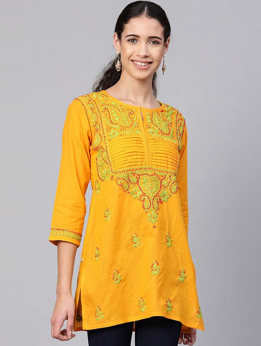 hand-embroidered mustard chikankari kurti
