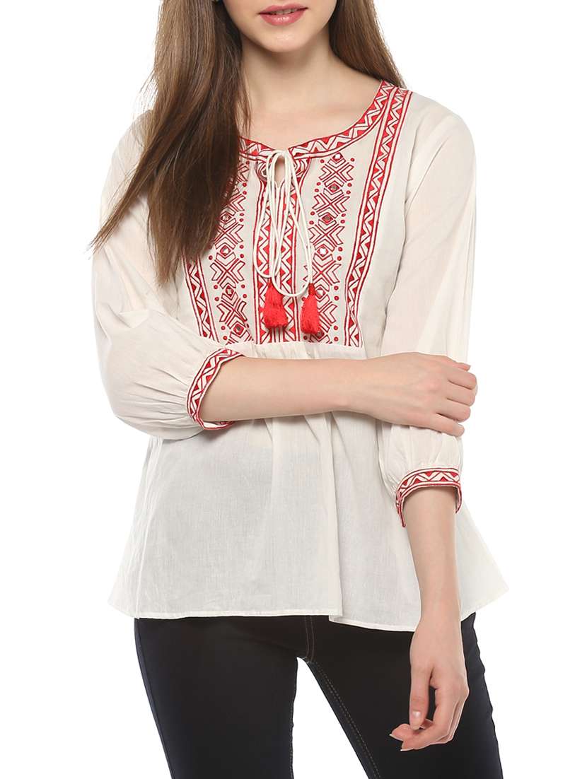 white solid cotton embroidered top