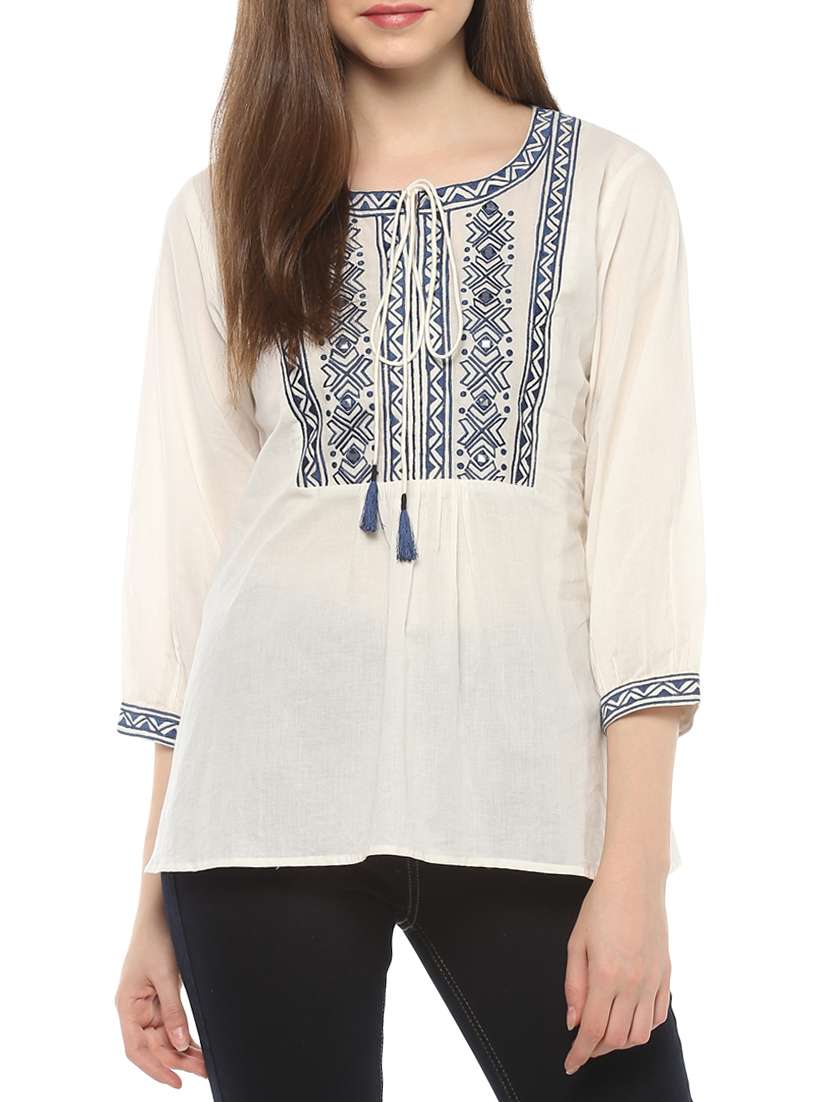 white solid cotton embroidered top