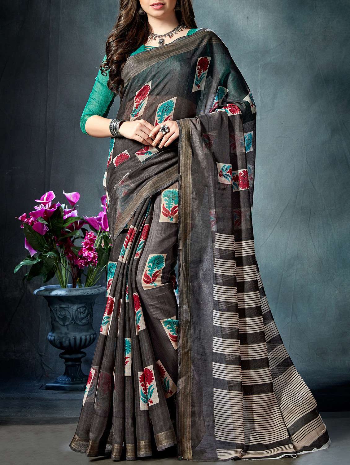 black cotton printed saree with blouse