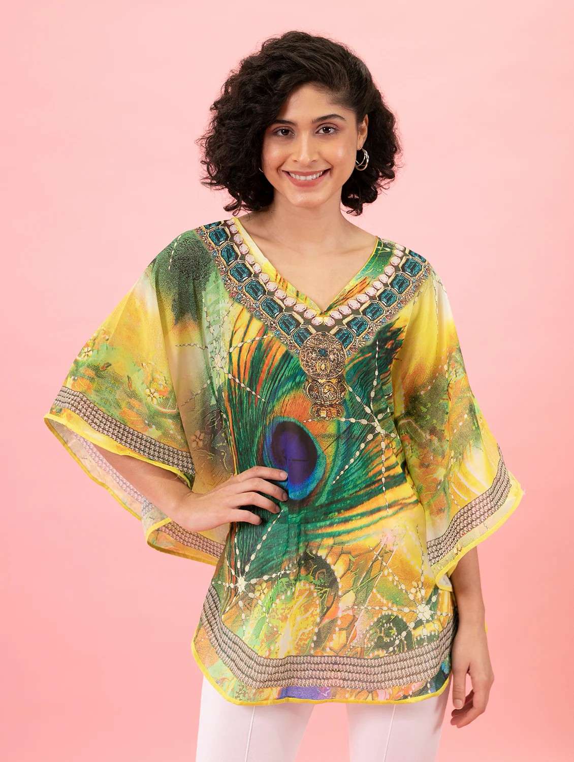 yellow relaxed fit v-neck printed kaftan