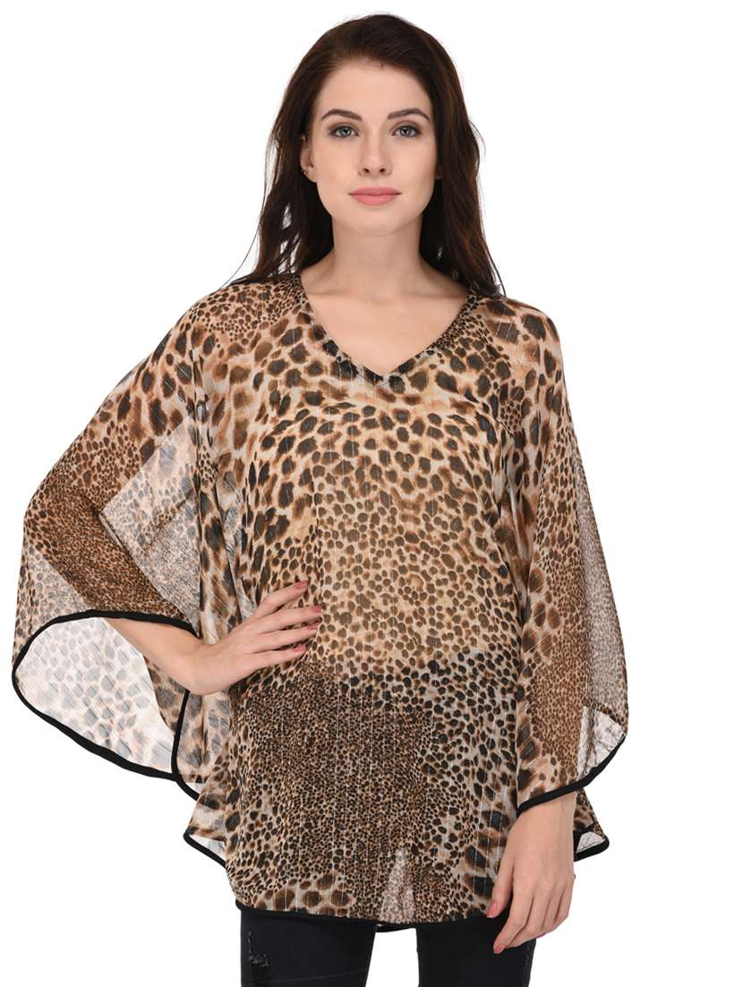 brown relaxed fit animal print kaftan top 