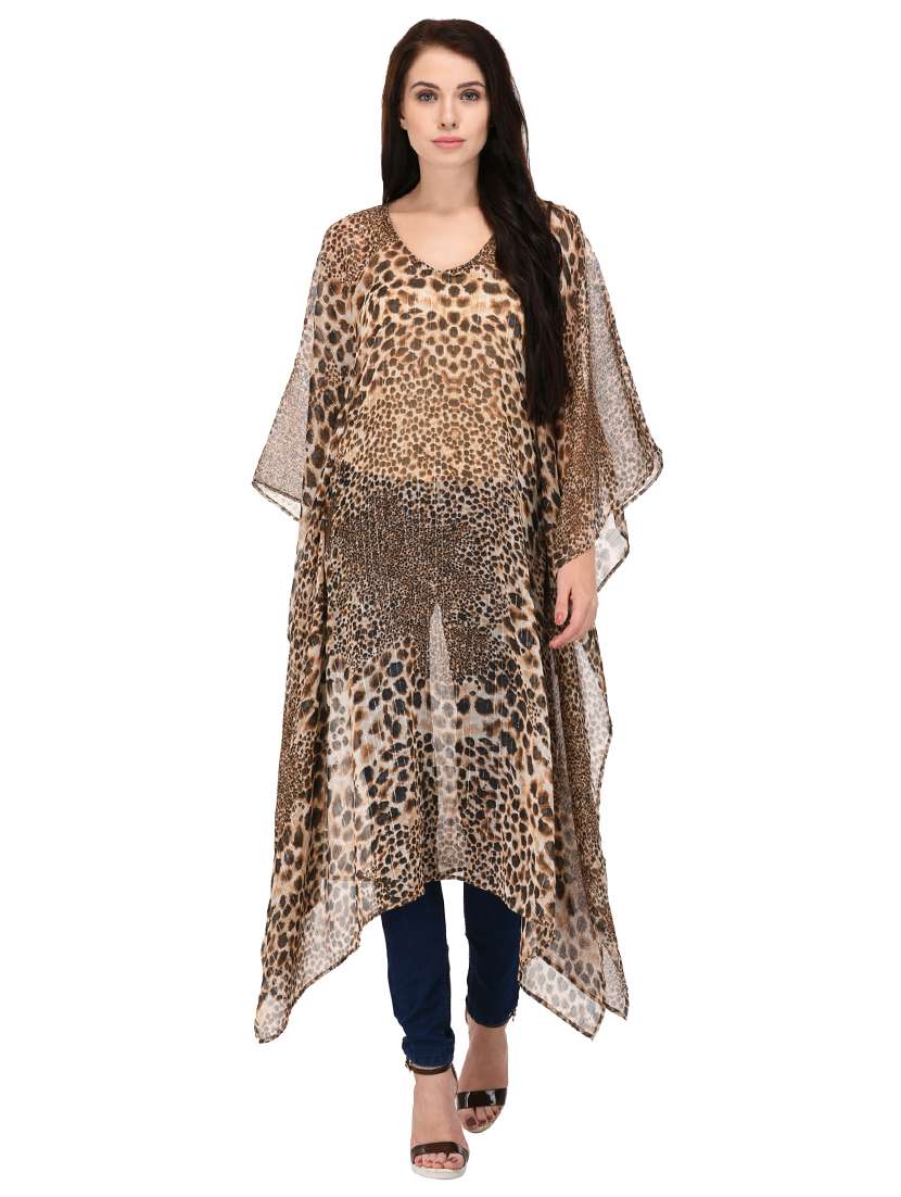 brown relaxed fit sheer animal print kaftan tunic
