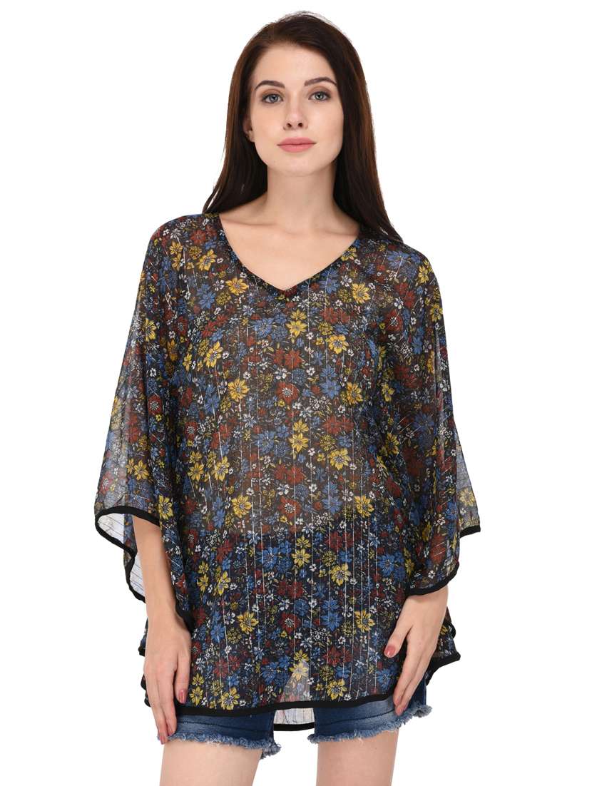 black relaxed fit  floral print kaftan top