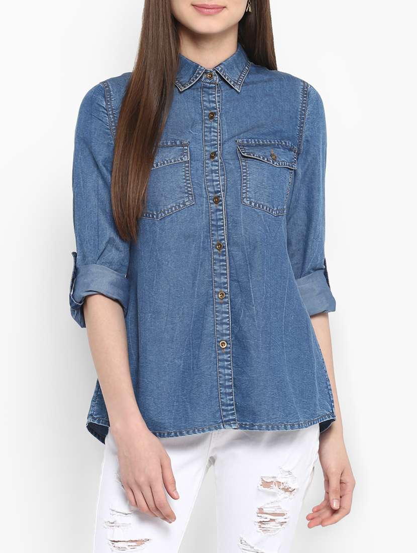 blue solid denim shirt