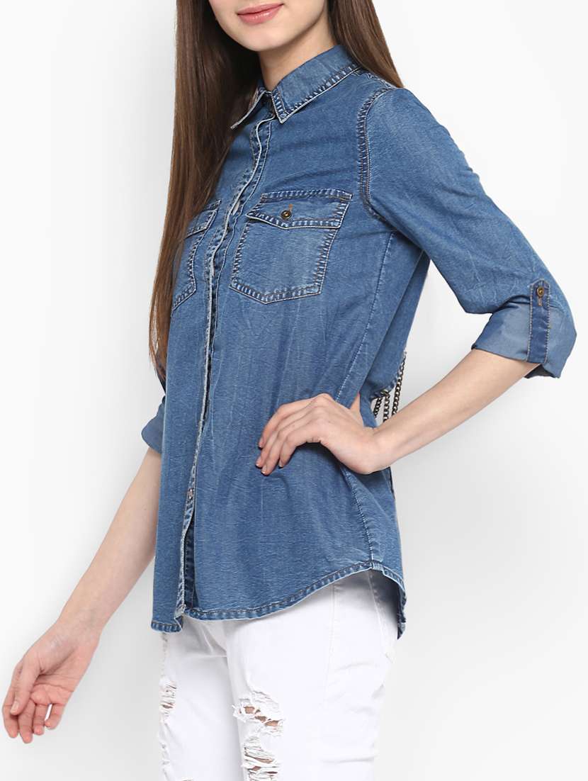 blue solid denim shirt - 15085539 -  Standard Image - 1