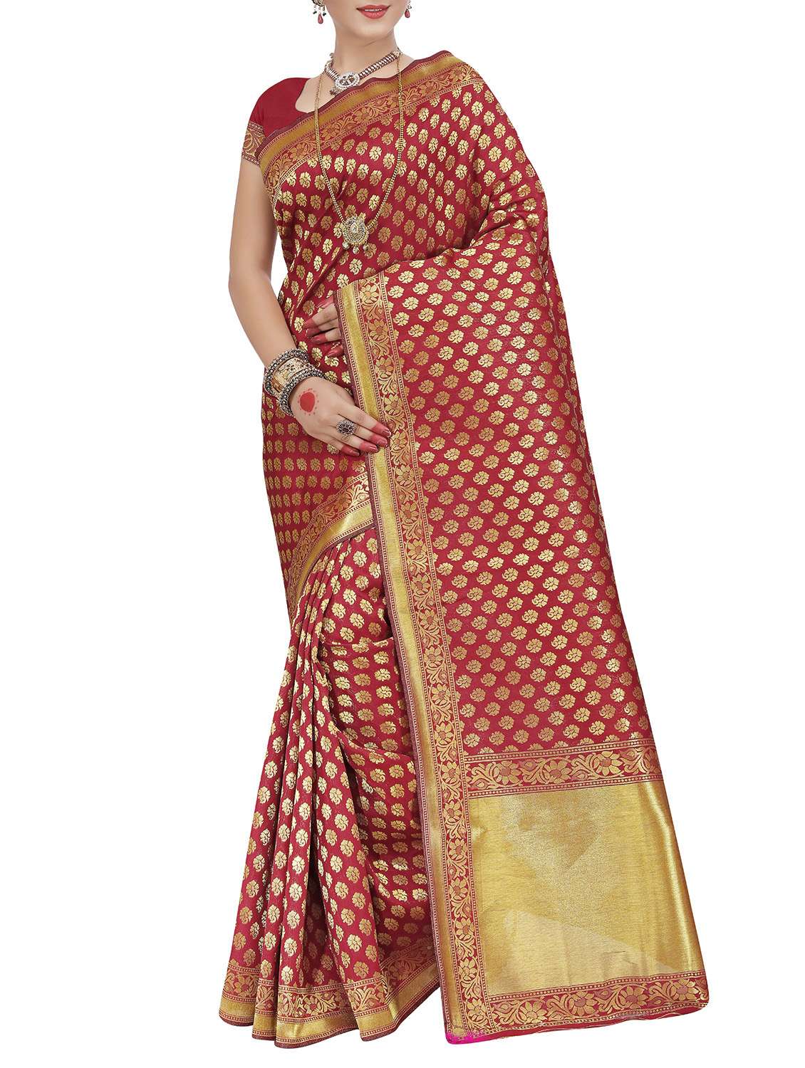 red silk blend banarasi saree