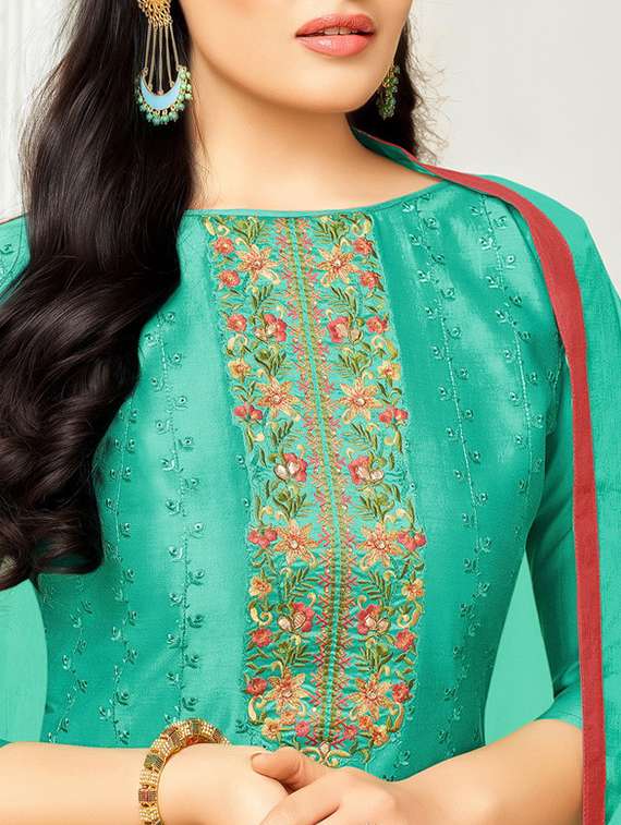 blue cotton embroidered unstitched churidaar suit - 15086597 -  Standard Image - 1