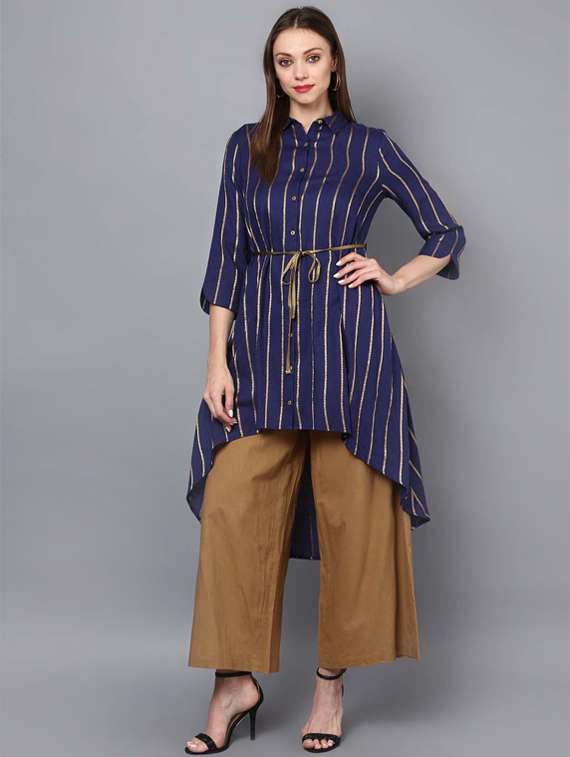 blue synthetic high low kurta