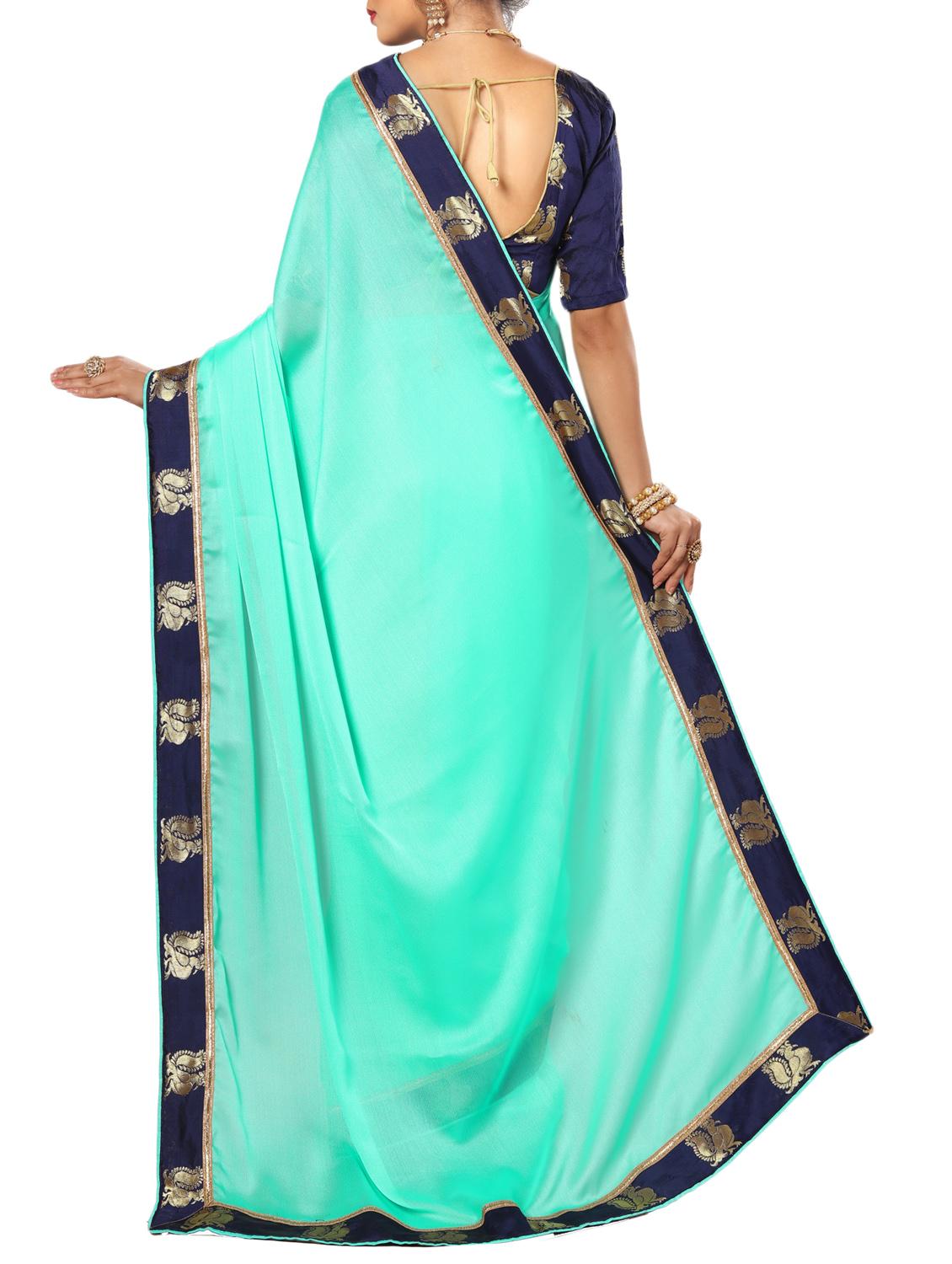 turquoise chiffon bordered saree with blouse - 15092641 - Standard Image - 1