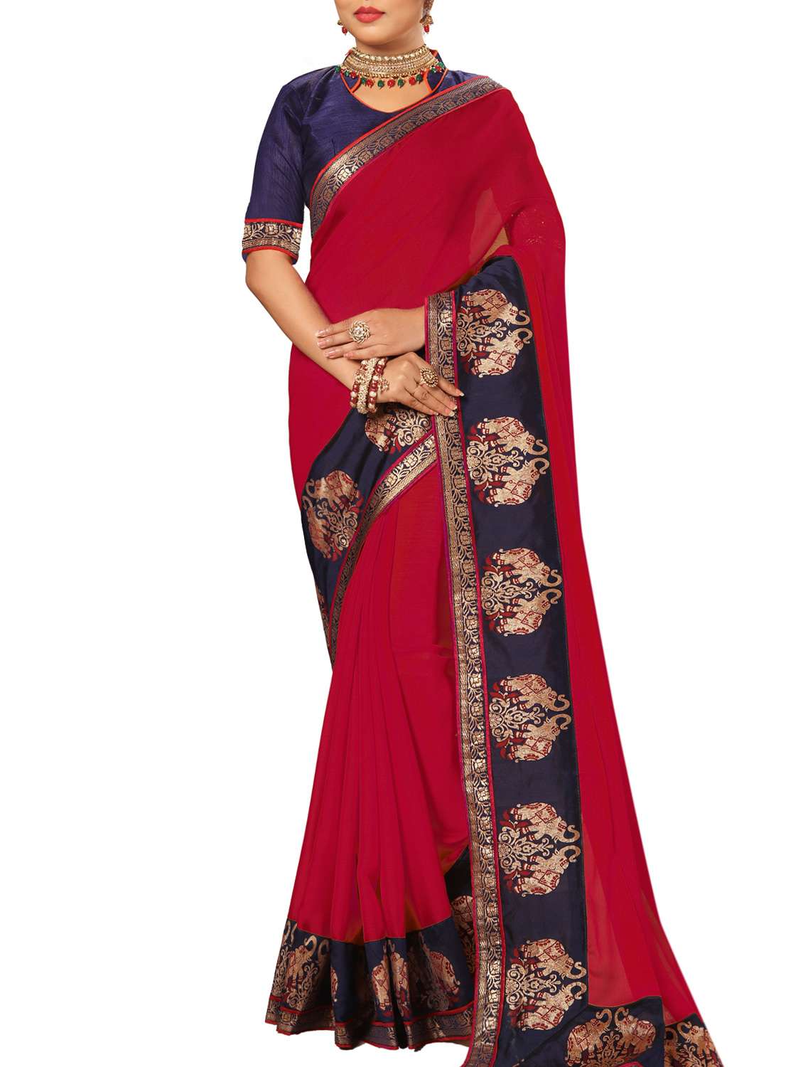 red satin bordered saree with blouse