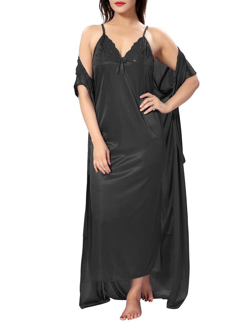 black solid sleepwear robe set - 15096525 -  Standard Image - 1