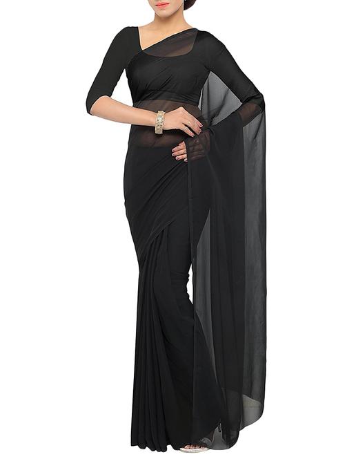 women's solid black colored saree with blouse - 15097040 - Standard Image - 0