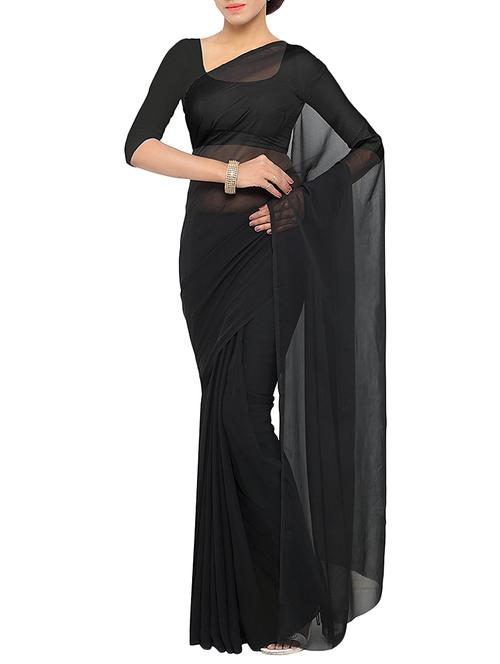 women's solid black colored saree with blouse - 15097040 -  Standard Image - 0