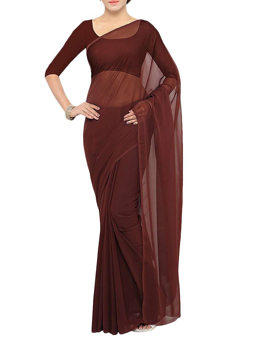 women's solid brown colored saree with blouse