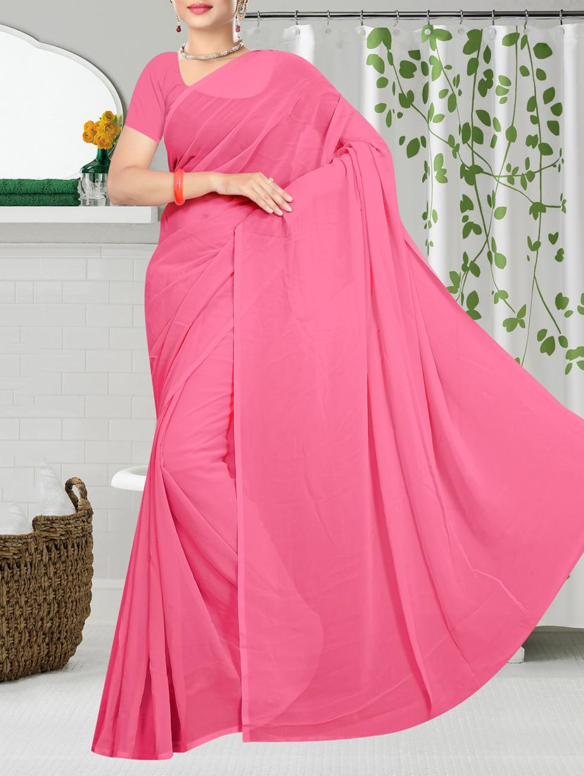 women's solid pink colored saree with blouse - 15097056 -  Zoom Image - 0