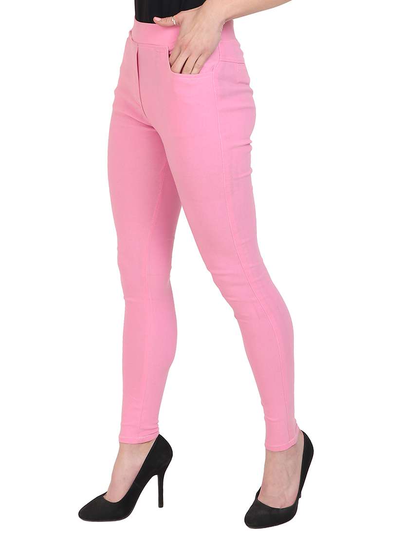 solid pink cotton lycra jegging - 15097445 -  Standard Image - 1