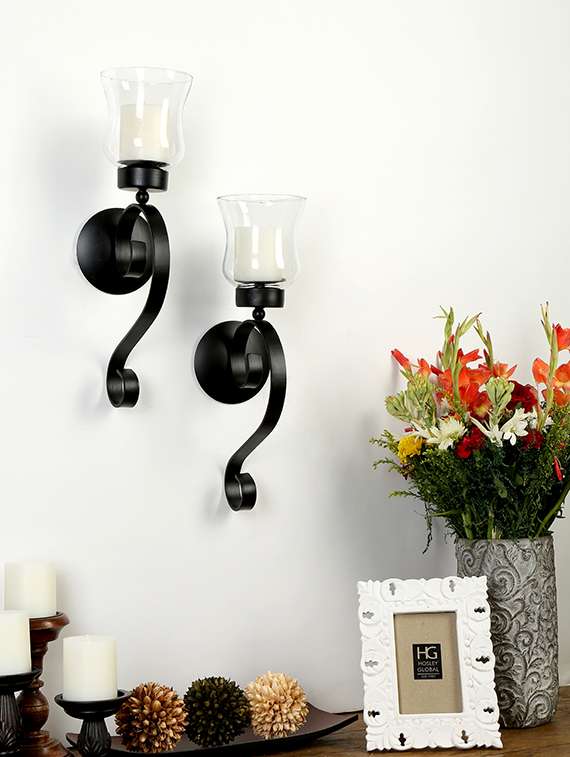 set of 2 decorative wall sconce/candle holder with clear glass chimney and free candles  (black matte)