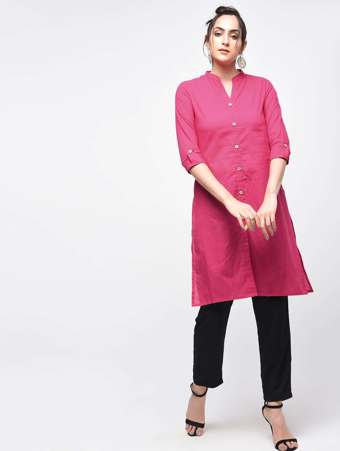 pink cotton solid kurta