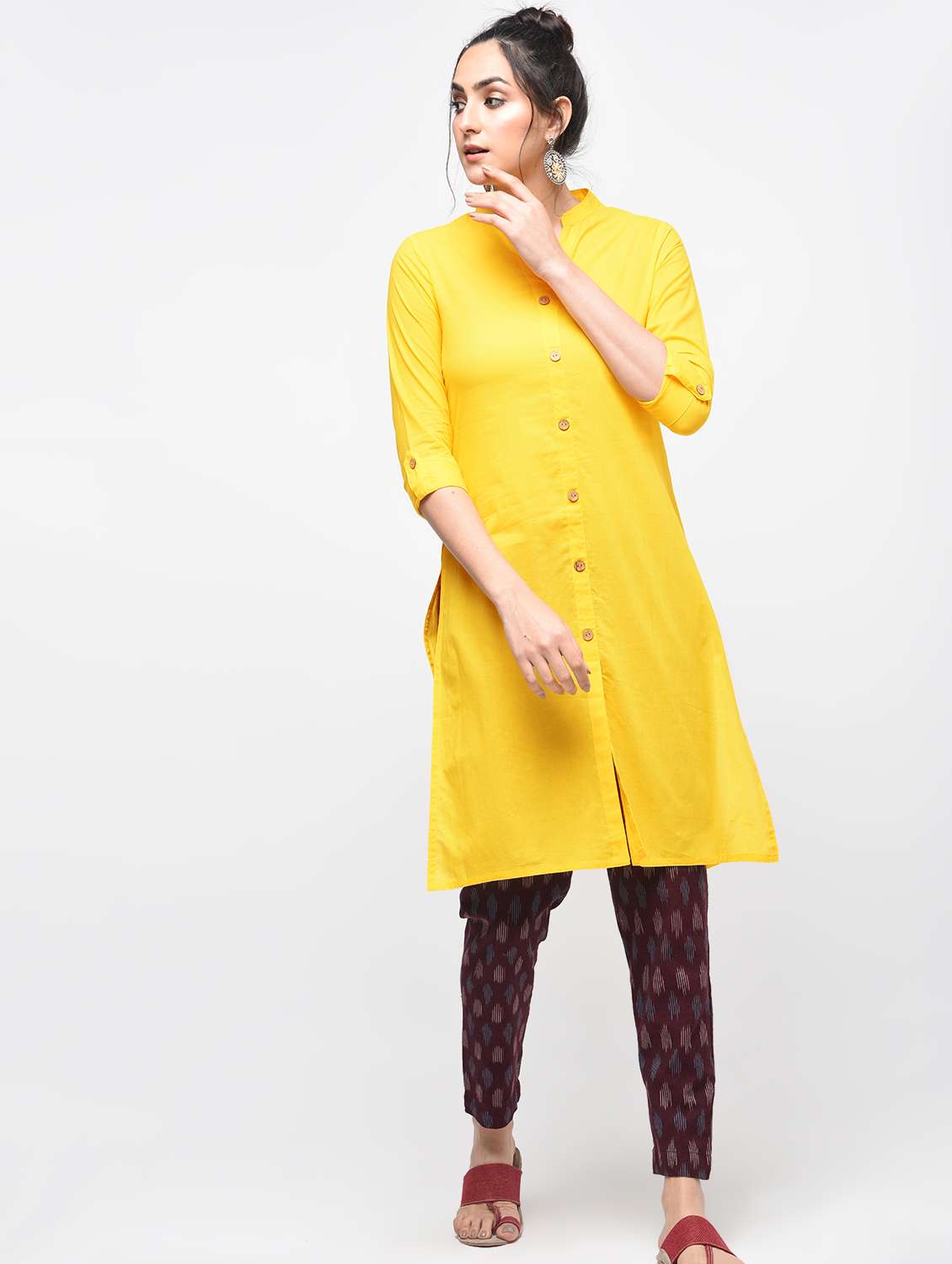 yellow cotton solid kurta