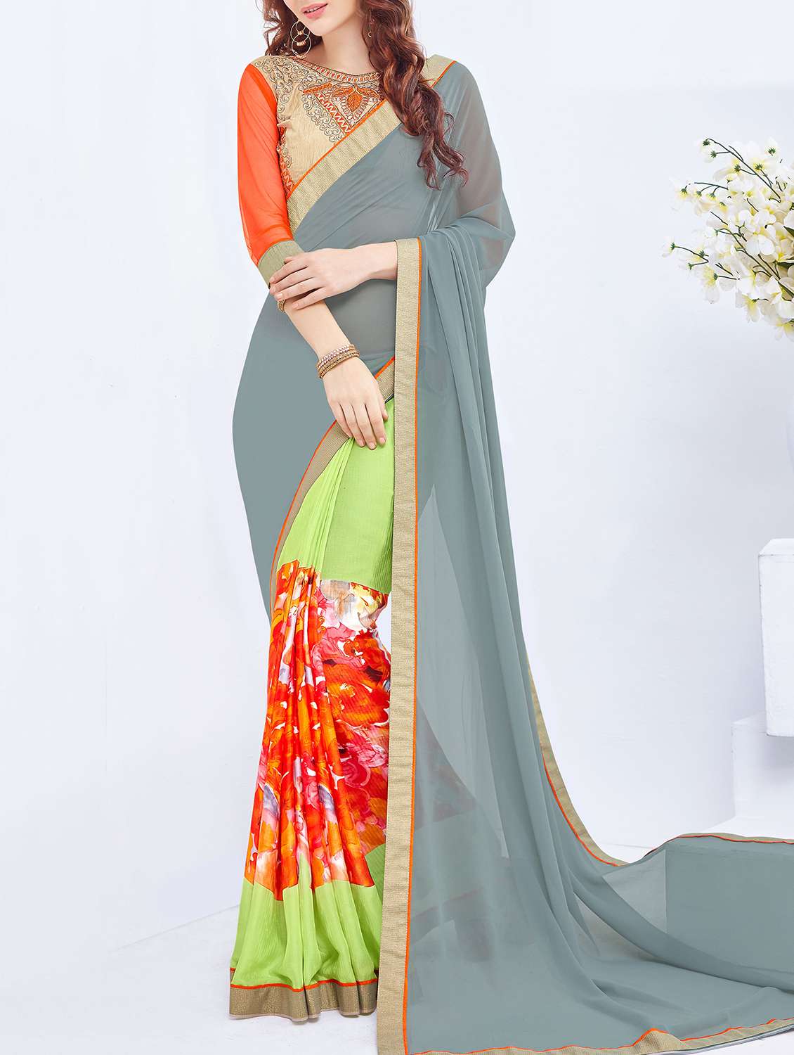 women's floral pearl grey colored saree