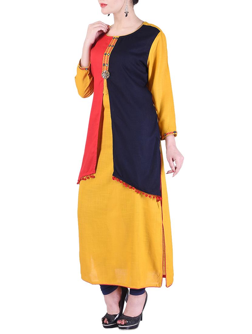 yellow rayon layered kurta - 15103013 - Standard Image - 1