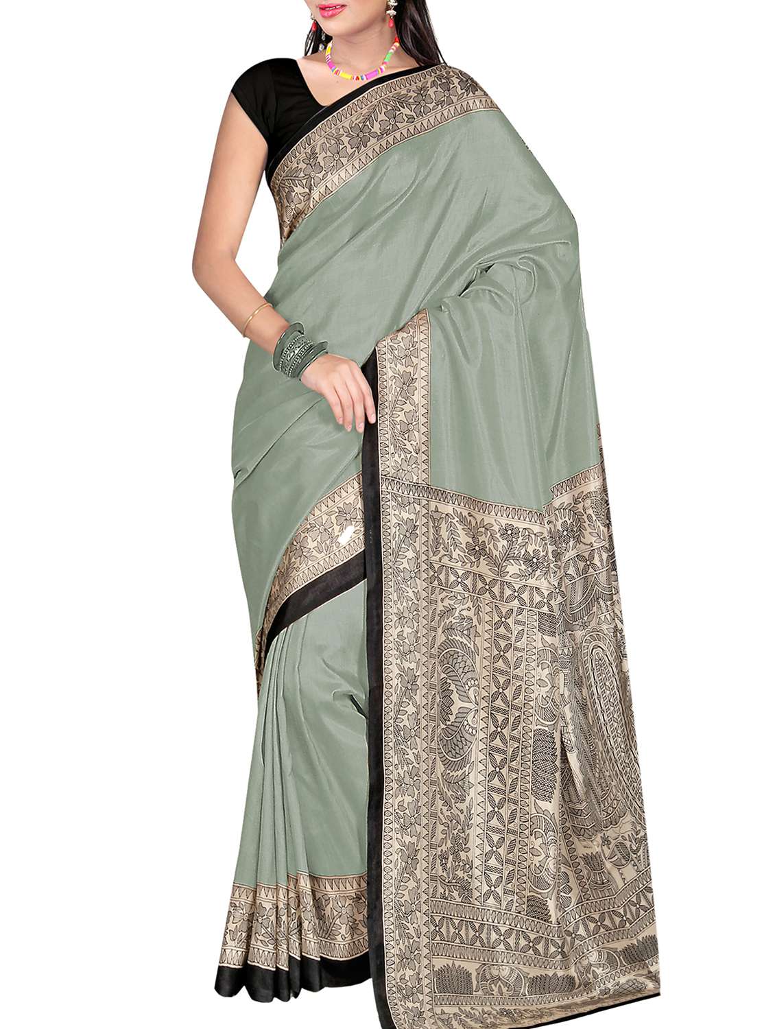 green silk blend mysore saree with blouse
