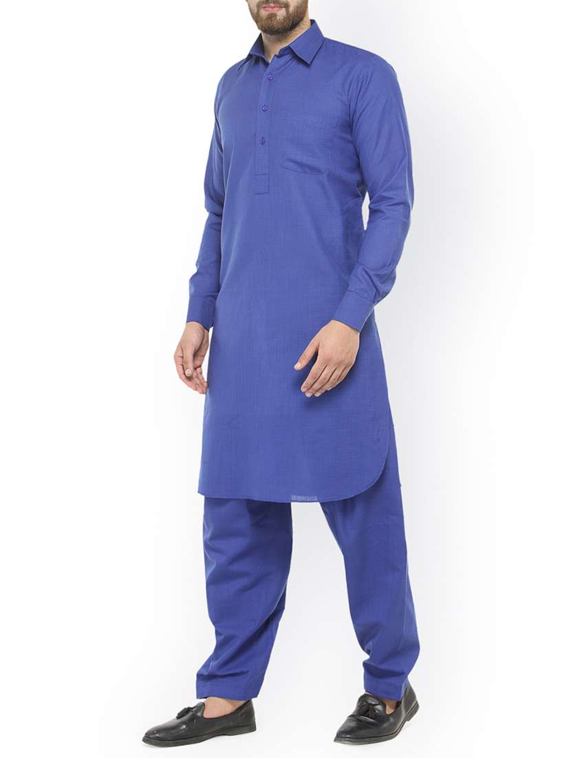 blue cotton pathani kurta set - 15107150 -  Standard Image - 1