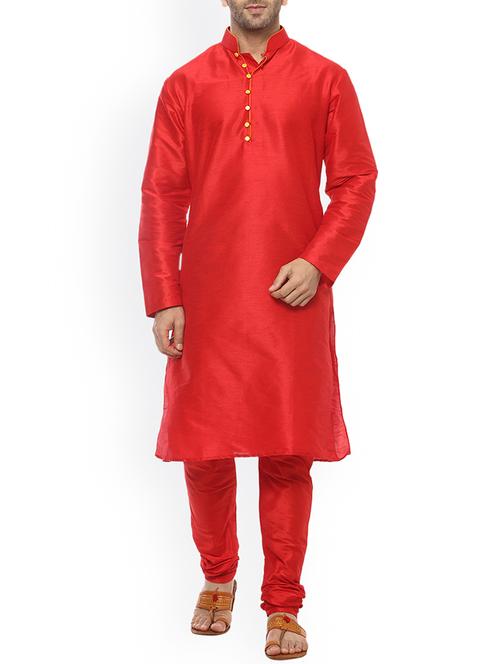 red silk blend kurta pyjama set - 15107175 - Standard Image - 0