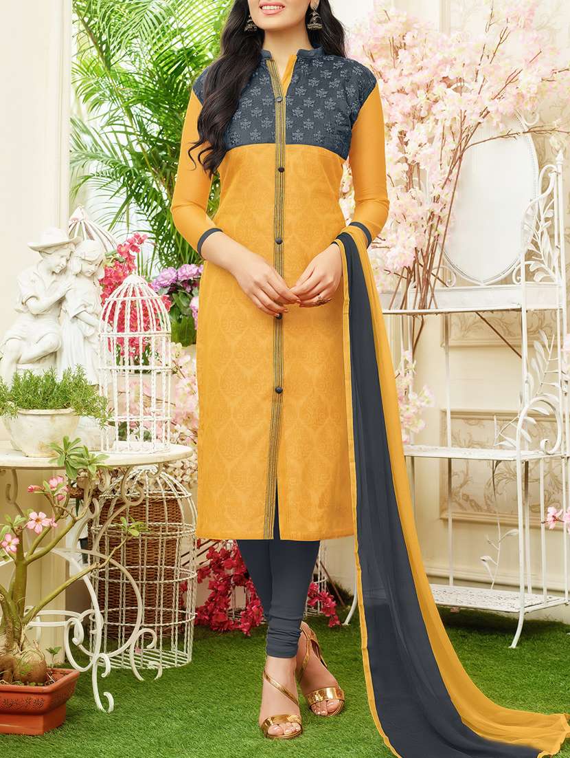orange embroidered unstitched churidaar suit