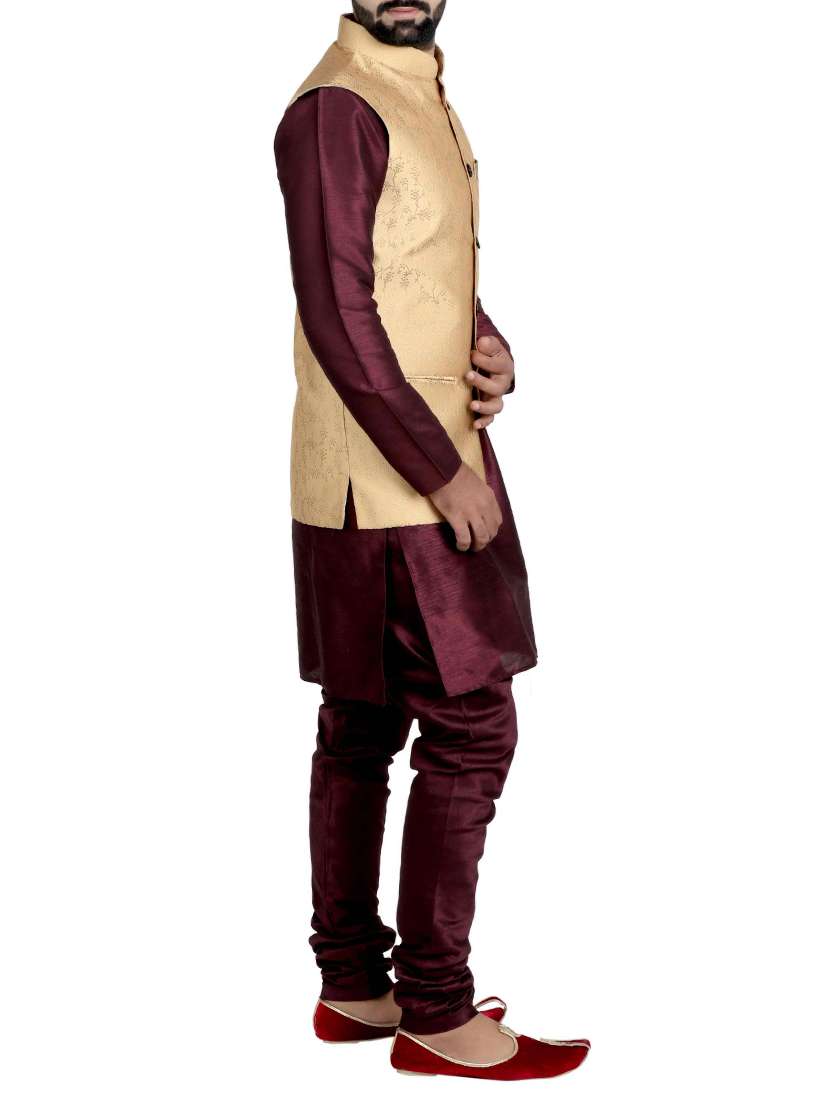 beige self-designed silk nehru jacket - 15115905 -  Standard Image - 1