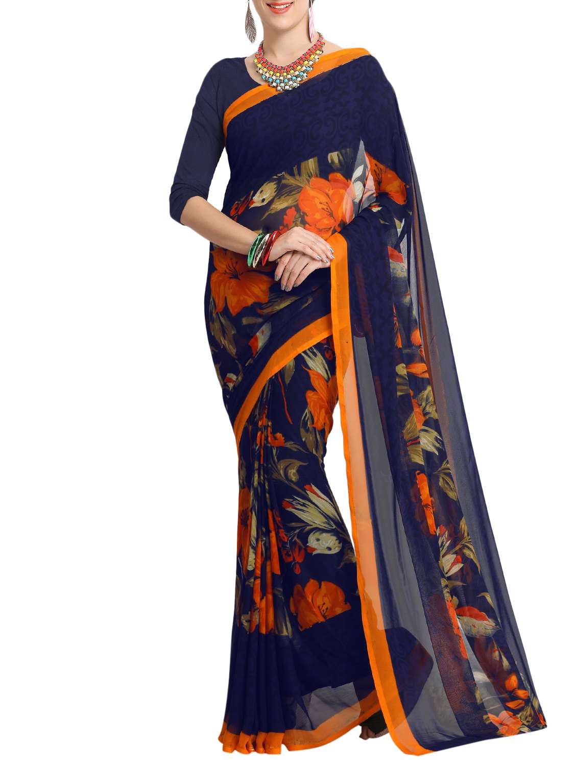 blue georgette printed saree with blouse